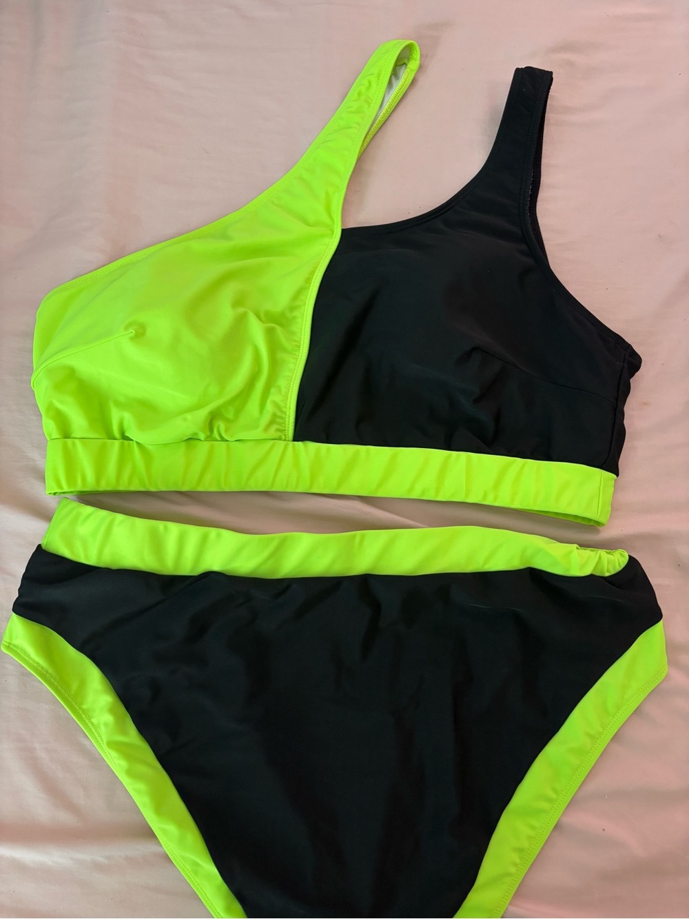 Women’s Neon Lime and Black Asymmetric Bikini